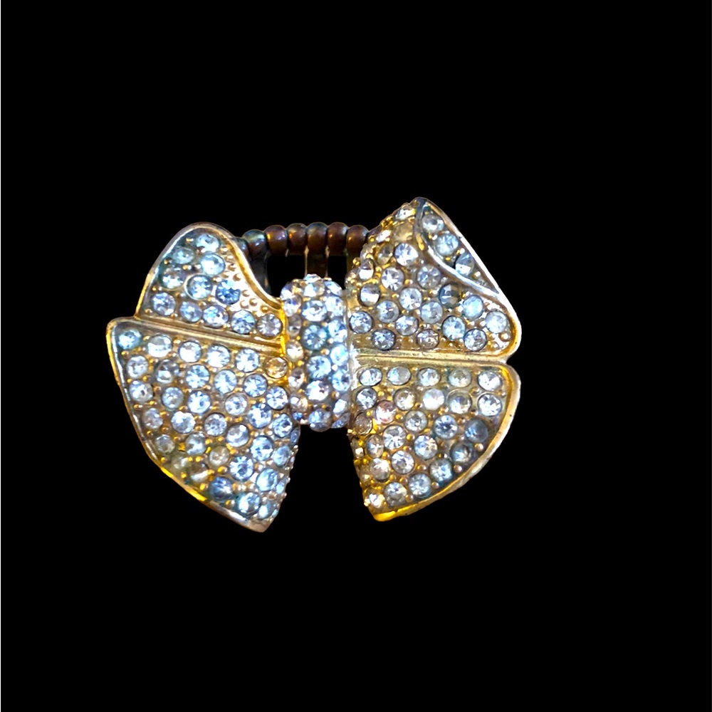 Girly Rhinestone Bow Gold Tone‎ Elastic Ring Vintage